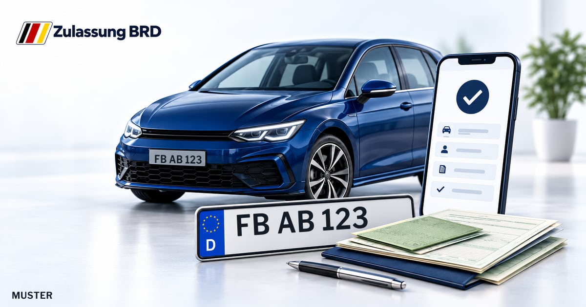Online Fahrzeugzulassung in Wölfersheim: Musterkennzeichen FB AB 123, Auto und Fahrzeugpapiere und Smartphone. Illustration mit Logo von Zulassung BRD.
